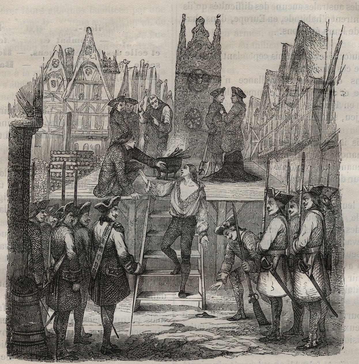 De Chevalier Francois-Jean Lefebvre de La Barre op weg naar het schavot in 1766. Gravure in 