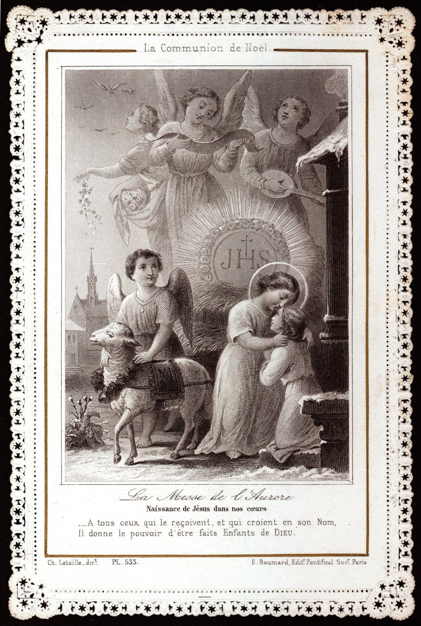 De Kerstcommunie. De Mis van de Dageraad. Geboorte van Jezus in onze harten Vrome afbeelding. Getande ansichtkaart. Privécollectie door Anonymous Anonymous