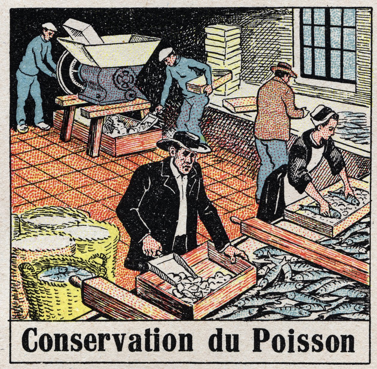 De koude industrie: conservering van vis in ijs. Anonieme illustratie uit 1925. Privécollectie. door Anonymous Anonymous