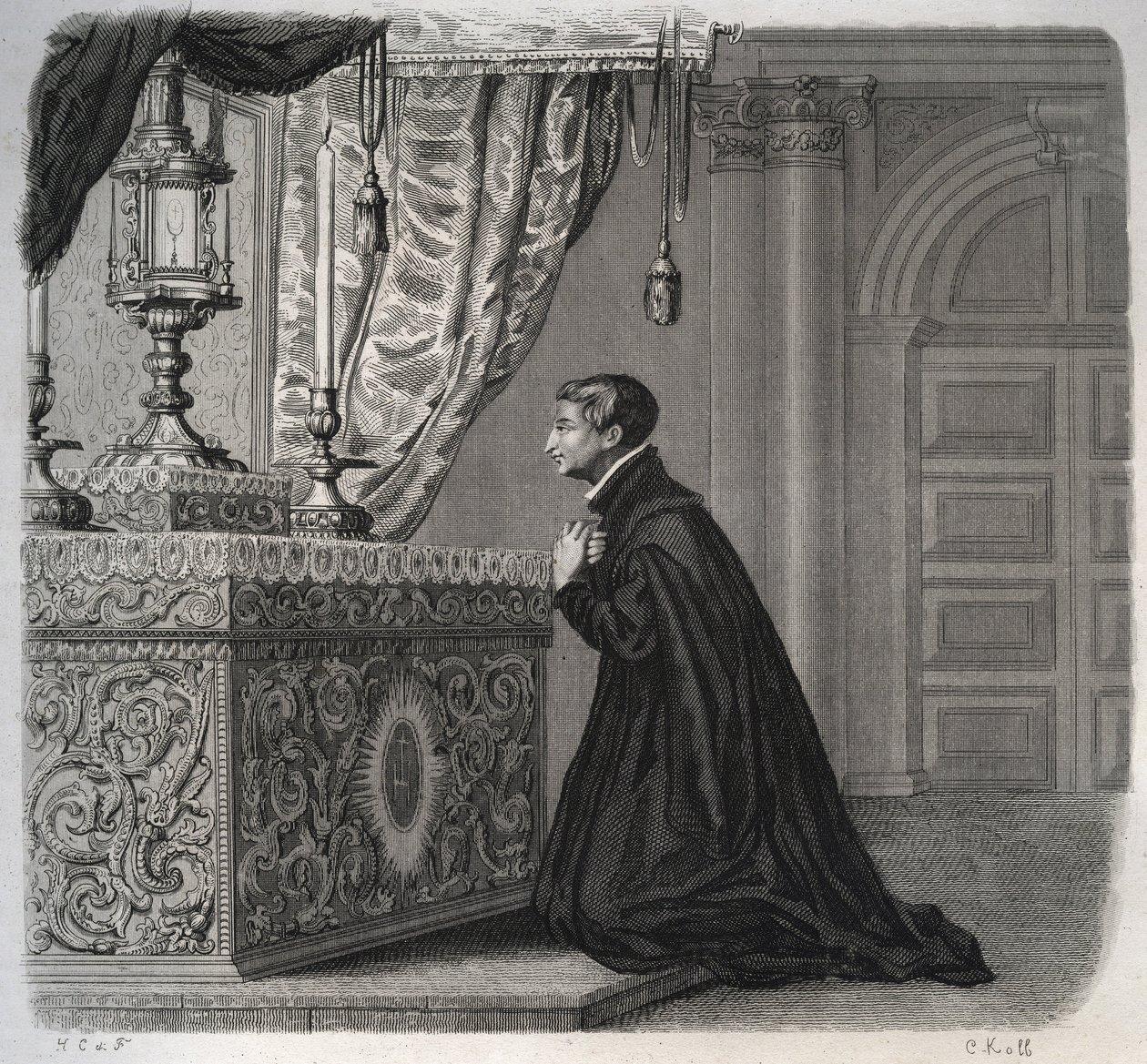 De Italiaanse jezuïet Louis de Gonzague (San Luigi Gonzaga) (1568-1591) in gebed. Gravure uit 1846 in 