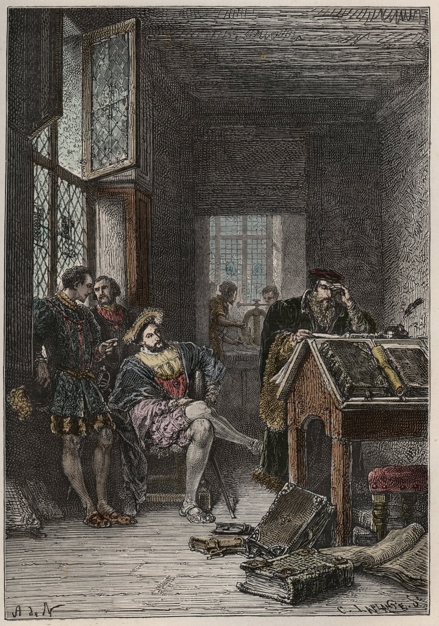 De koning van Frankrijk François I (1494-1547), beschermer van kunsten en letters, bezoekt de werkplaatsen van de drukkers Estienne, circa 1540 door Anonymous Anonymous