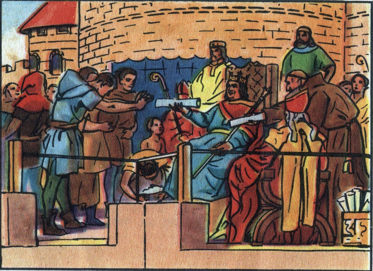 De koning van Frankrijk Lodewijk VI de Grote (1081-1137) verleent het Handvest aan de stad Parijs. Anonieme illustratie in “Collection des souverains et chefs d