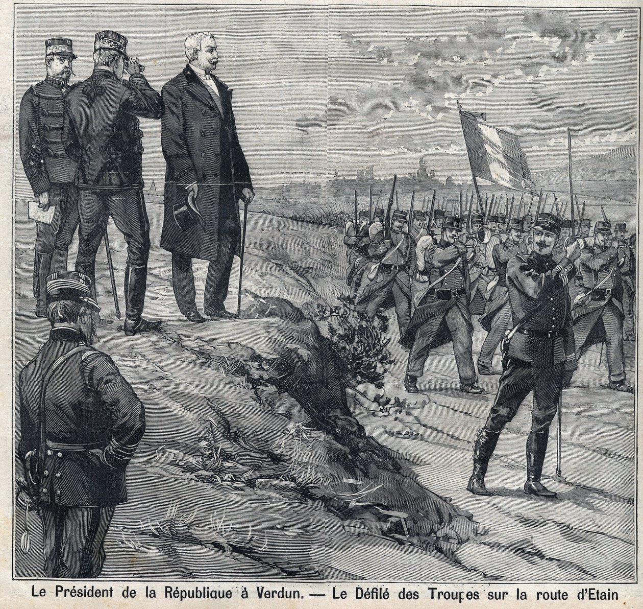 De president van de Republiek Felix Faure bezoekt Verdun: de optocht van de militaire school van de weg van Etin. Gravure in 