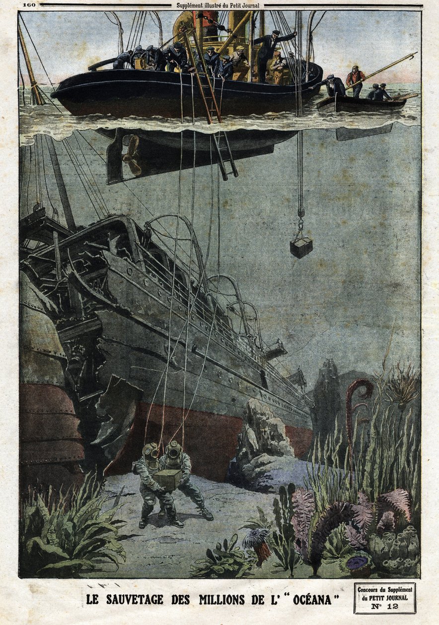 De redding van de miljoenen van de Oceana: Duikers duiken bij Eastbourne om de 18 miljoen metaal op te halen die de Britse lijnboot naar India zou vervoeren. Gravure in "Le Petit Journal", op 19/05/1912. Privécollectie. door Anonymous Anonymous