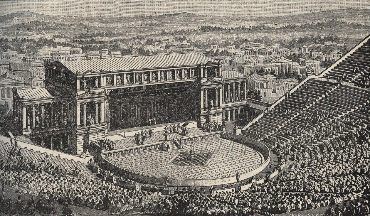 Het Theater van Dionysus, De Akropolis, Athene, Griekenland - Re-enactment van 1890 van het Theater van Dionysus - in Athene, Oud-Griekenland. - gravure 1890 door Anonymous Anonymous