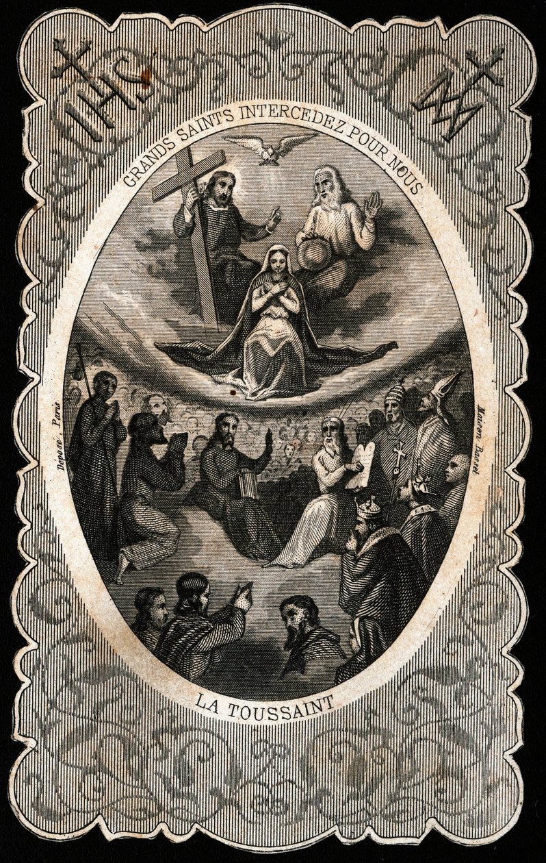 De Maagd Maria met de Heilige Drie-eenheid (God, Jezus Christus en de duif van de Heilige Geest). Dentelkaart. 19e eeuw. Privécollectie door Anonymous Anonymous