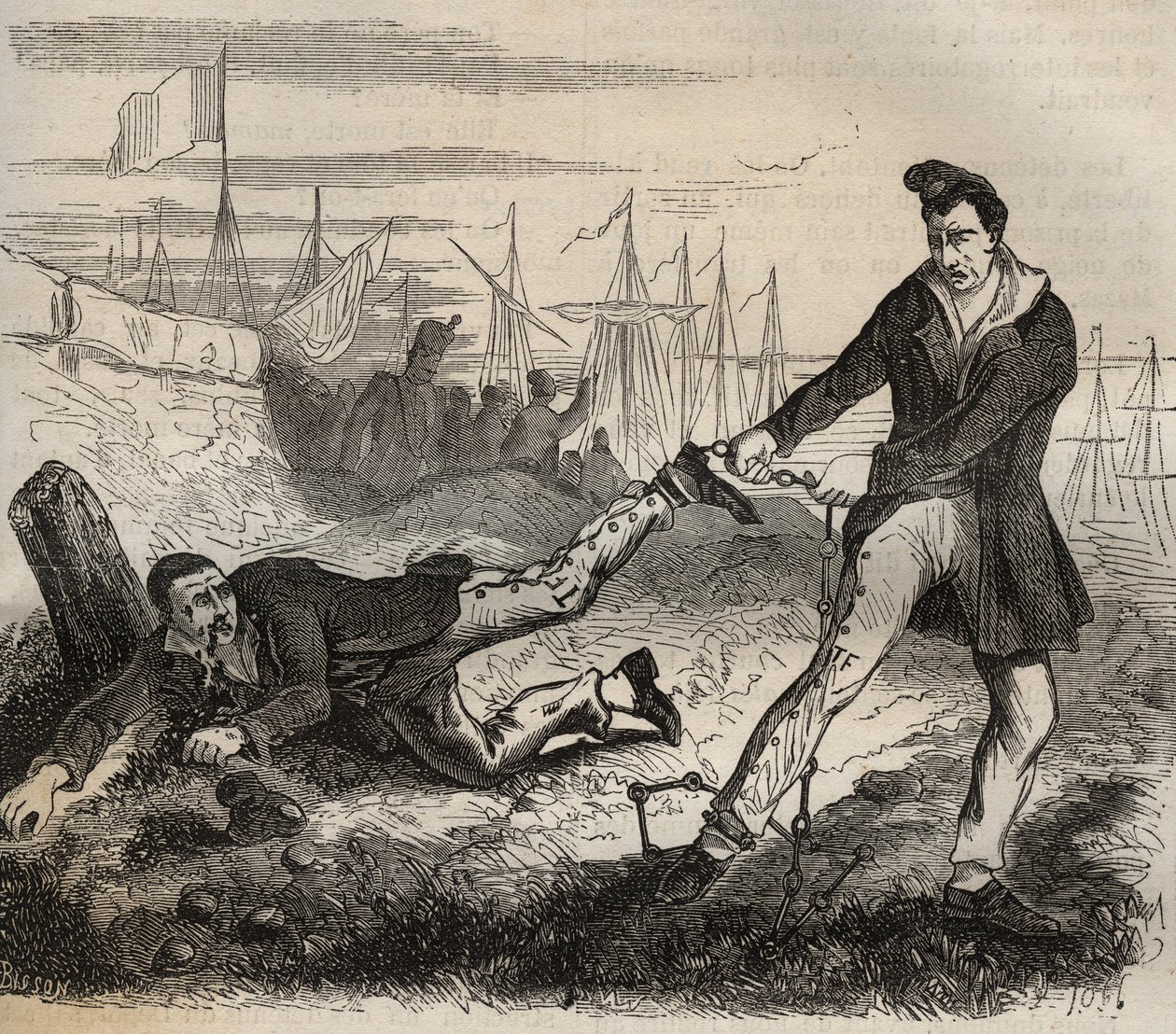 De grootste kwelling van de dwangarbeider is een slechte partner te hebben. Gevecht tussen twee gevangenen verbonden door dezelfde ketting. Strafkolonie van Rochefort in de 19e eeuw. Gravure in 