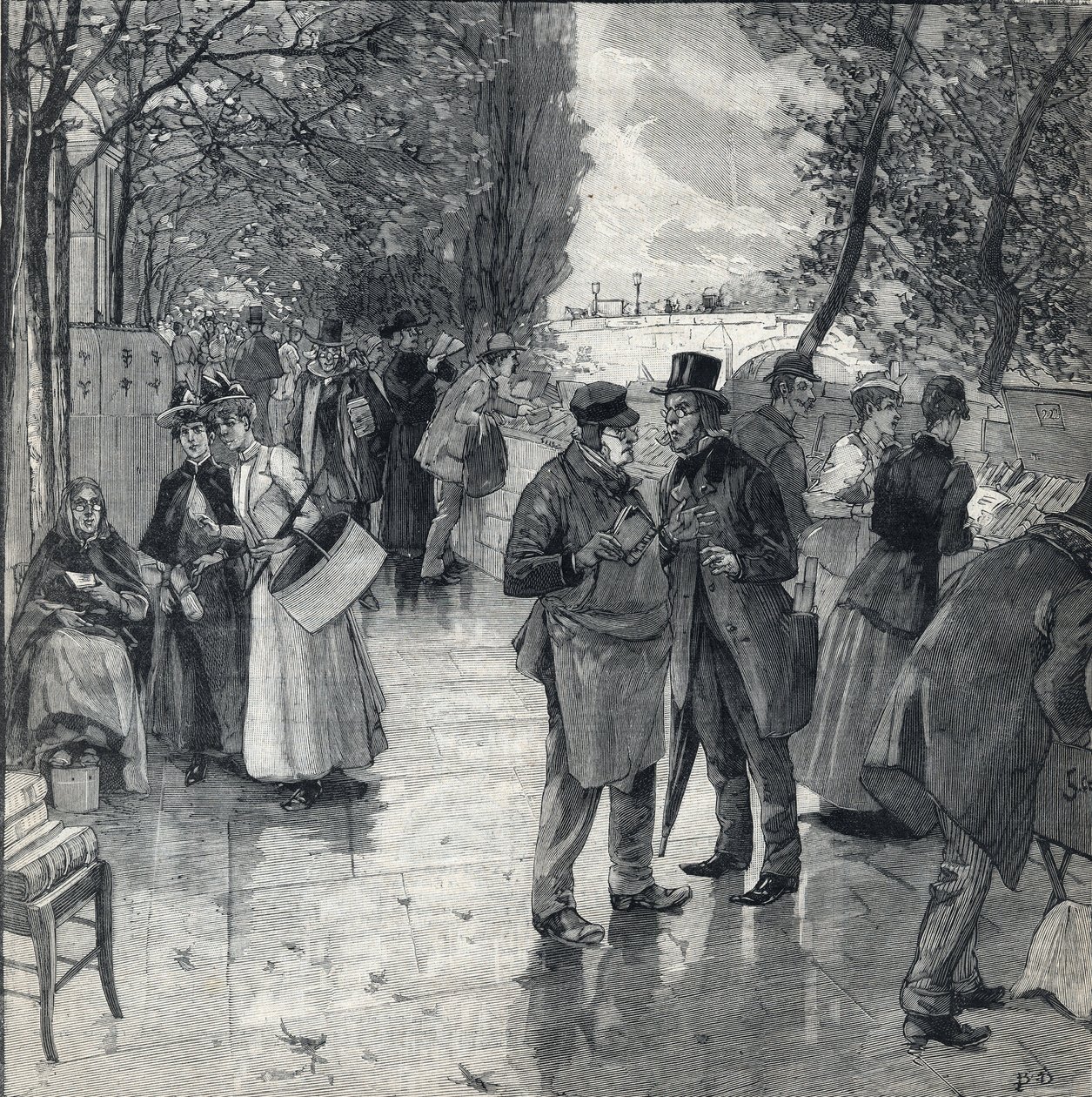 De boek-boek wandeling langs de kades in Parijs. Gravure in Le petit parisien op 30/10/1892 door Anonymous Anonymous