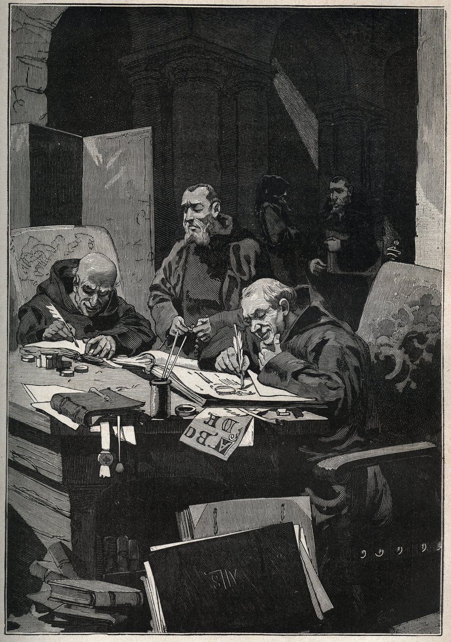 De chrysograaf: kopiërende monniken die verluchtingen in gouden letters uitvoeren in de middeleeuwen. Gravure uit 1885 in Les arts et métiers illustrés door Adolphe Bitard. door Anonymous Anonymous