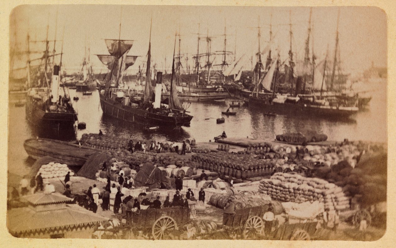 De stad Marseille en zijn omgeving rond 1885-1890: Bassin de la Joliette, vracht inschepen op katten, Privécollectie door Anonymous Anonymous