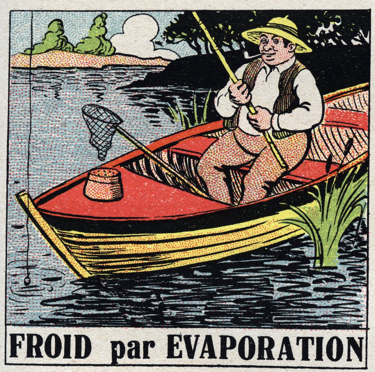 De koude industrie: koeling door verdamping. Een visser in zijn boot blijft koel dankzij de verdamping van het rivierwater. Anonieme illustratie uit 1925. Privécollectie. door Anonymous Anonymous