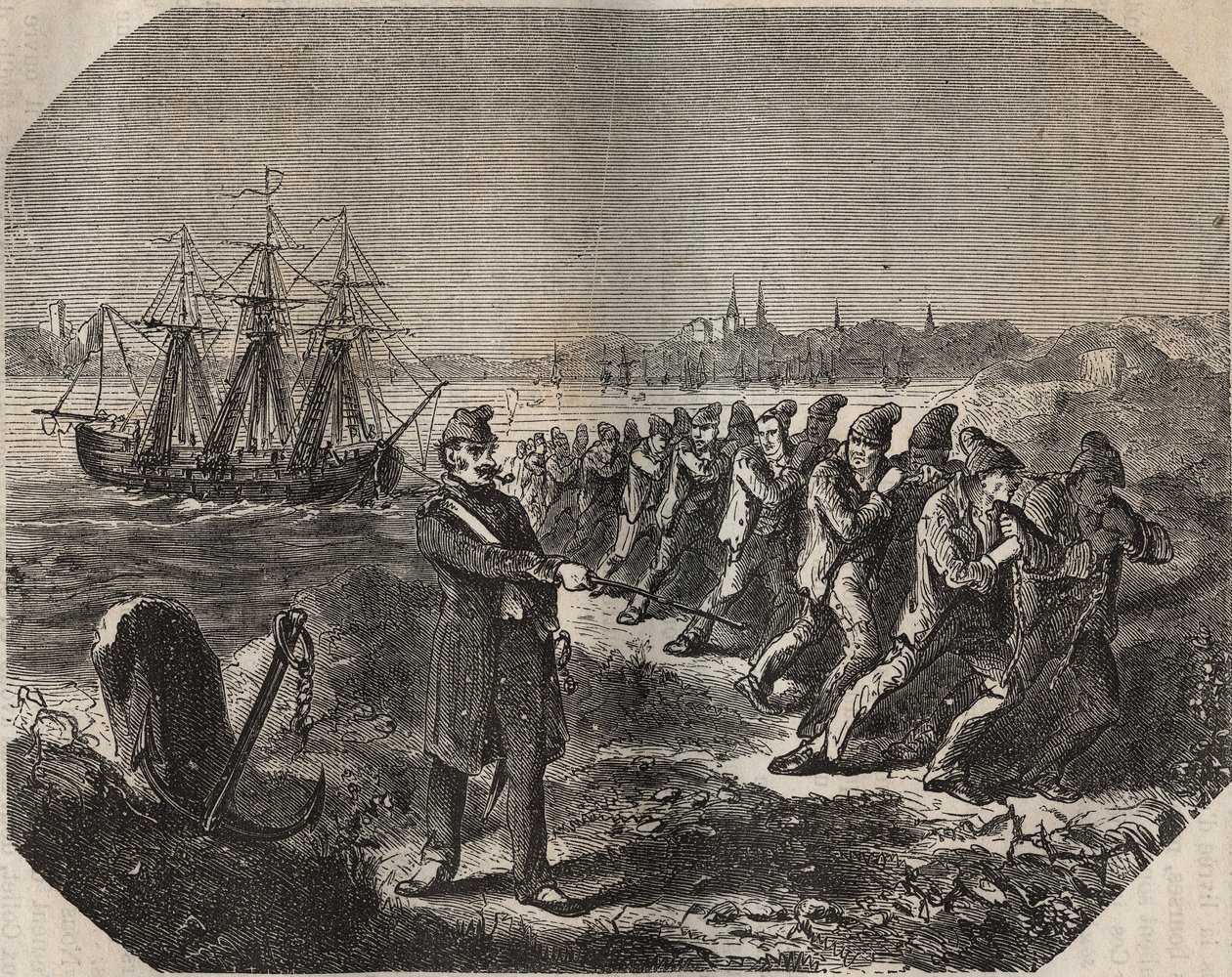 De cordelle (werk van grote vermoeidheid) in de bagne de Rochefort in de 19e eeuw. Gravure in 