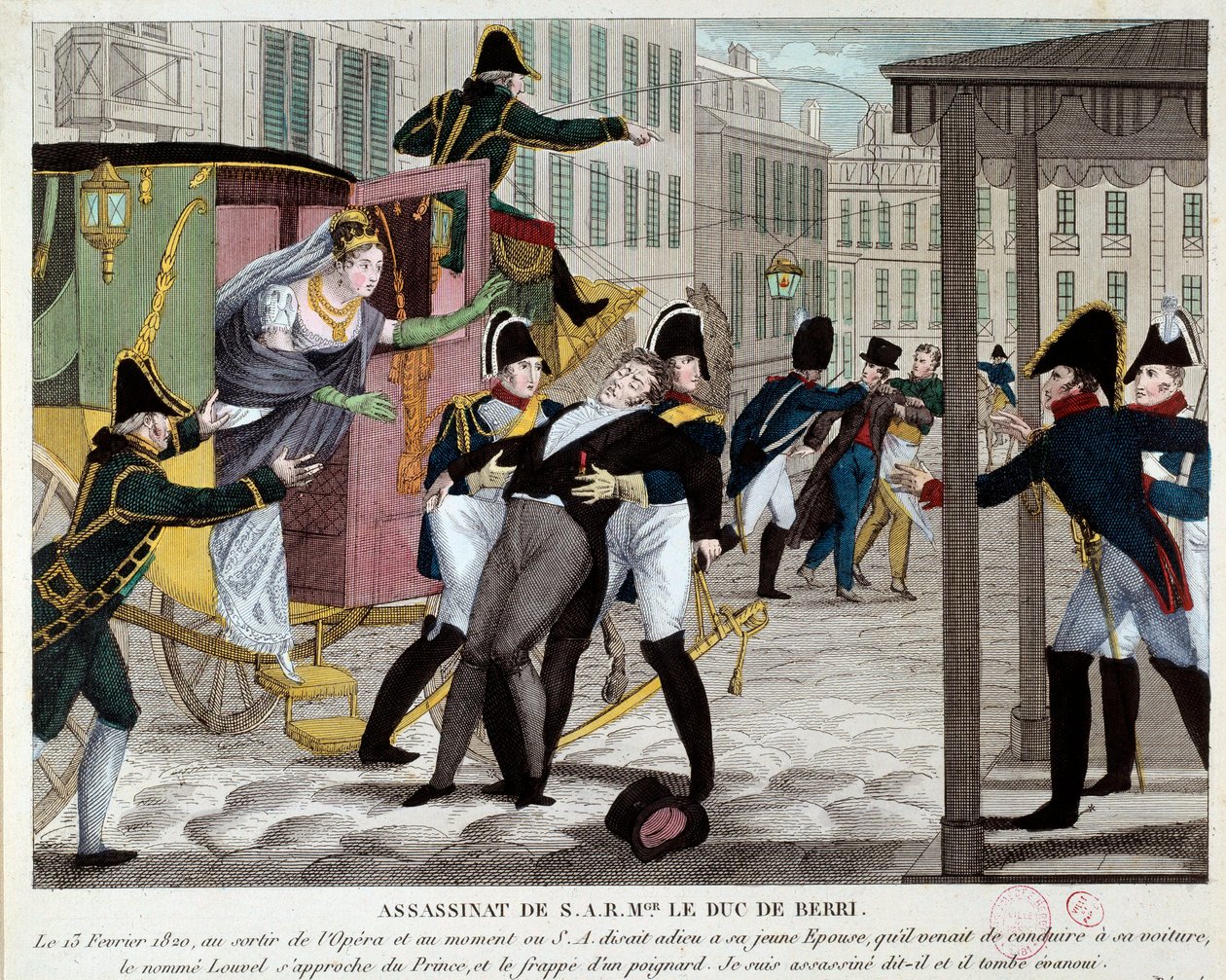 De dood van Charles Ferdinand de Bourbon, Hertog van Berry (1778-1820) 13/02/1820 bij de uitgang van de Koninklijke Muziekacademie. De neef van koning Lodewijk XVIII werd vermoord bij de Opera door Louvel, een republikein die de koninklijke dynastie wilde  door Anonymous Anonymous