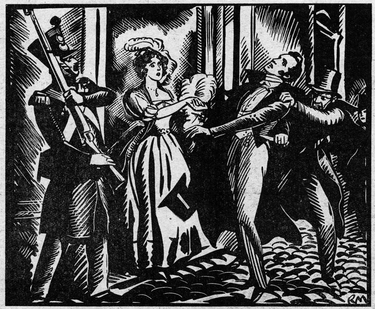 De dood van de hertog van Berry (1778-1820) op 13/02/1820 bij de Koninklijke Muziekacademie. De neef van koning Lodewijk XVIII wordt vermoord in de opera door Louvel, een republikein die de koninklijke dynastie wil uitdoven. Illustratie uit "Le Petit Journ door Anonymous Anonymous