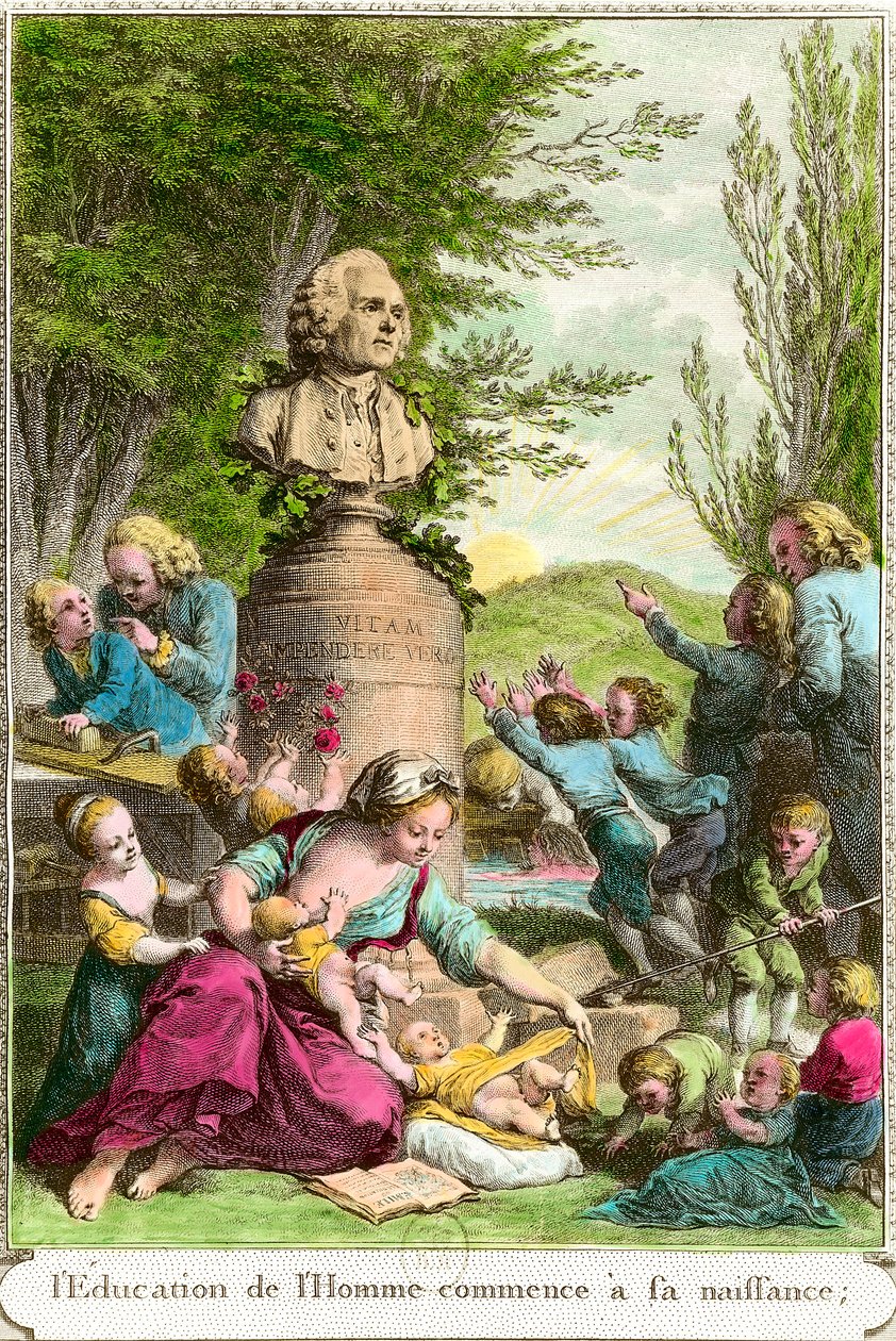 De opvoeding van de mens begint bij zijn geboorte: moeders met hun kinderen, naast een buste ter ere van de Zwitserse filosoof Jean Jacques Rousseau (1712-1778). Gravure uit de 18e eeuw Privécollectie door Anonymous Anonymous
