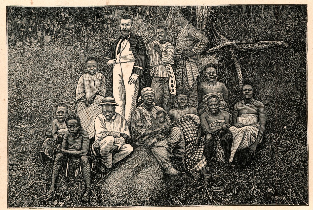 De ontdekkingsreiziger Pierre Savorgnan de Brazza en een groep inheemse mensen uit het Apostolisch Vicariaat van de Twee Guineeën in Gabon. Gravure in 