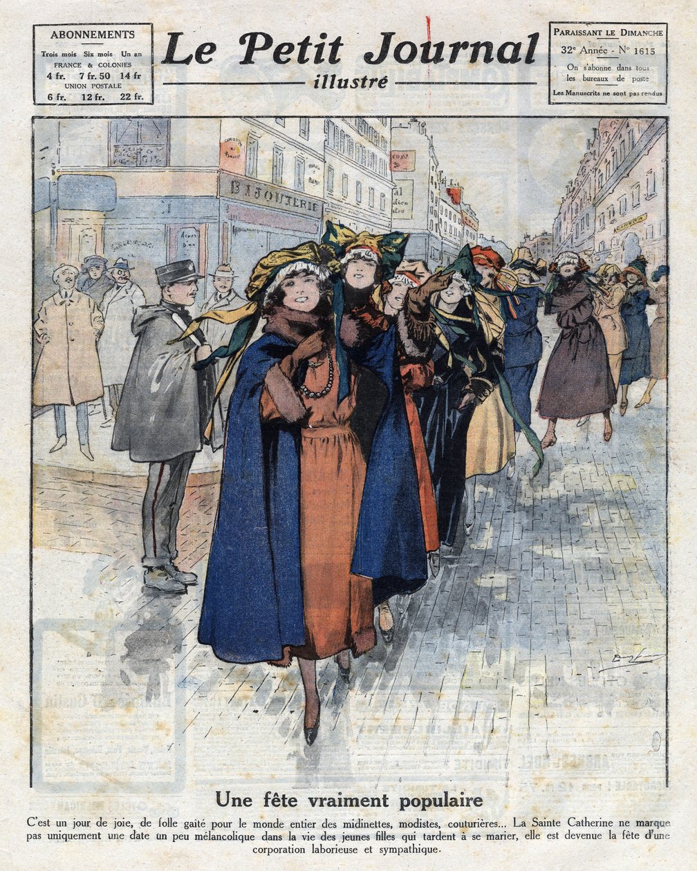 De reis van catherinettes, jonge ongehuwde meisjes met traditionele hoeden, in de straten van Parijs. Illustratie uit 