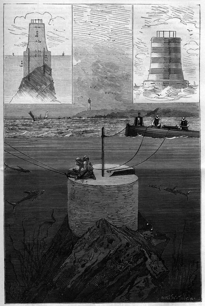De vuurtoren van de Lavezzi: Bouw van de torenbaken van de Lavezzi-eilanden op het niveau van de zeestraat die Corsica van Sardinië scheidt in de Middellandse Zee, gebouwd in 1874 door de Nationale Marine na het zinken van de Semillante in 1 door Anonymous Anonymous