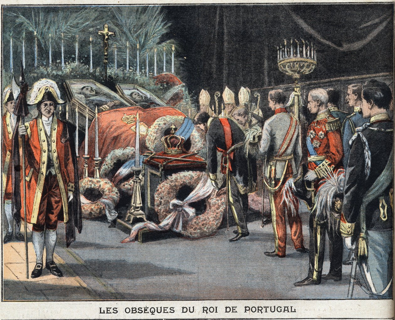 De begrafenis van de koning van Portugal Charles I (1863-1908) die op 1 februari 1908 werd vermoord. Gravure uit de krant "Le Peute Parisien", op 23/02/1908. Privécollectie. door Anonymous Anonymous