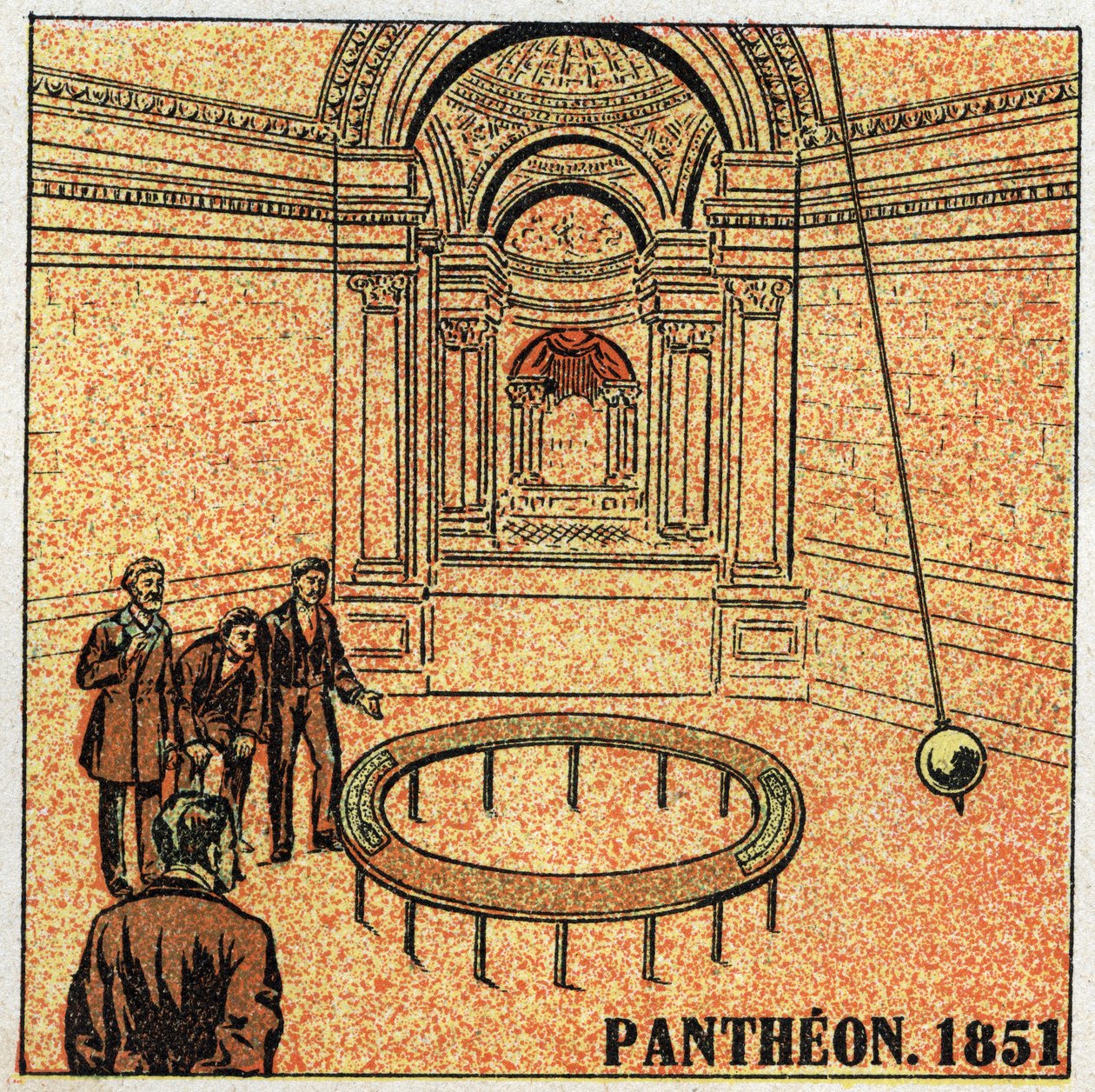 Het slingerexperiment: ervaring van Leon Foucault (1819-1868) in het Pantheon in 1851 en demonstratie van de rotatie van de aarde. Anonieme illustratie uit 1925. Privécollectie. door Anonymous Anonymous