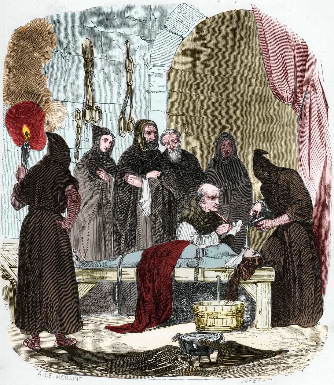 De kwestie van water: Pedro (Pierre) de Arbues (1441/1442 - 1485) ondervraagt onder marteling een jonge vrouw die naar verluidt haar zus zou hebben aangezet tot het lutheranisme. Vastgebonden met touwen, wordt water in een doek gegoten dat in de keel wordt door Anonymous Anonymous