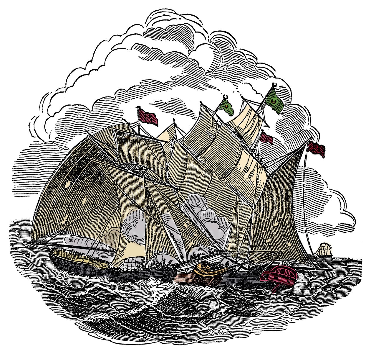 Het schip van de piraat Henry Every (John Avery, Long Ben, Benjamin Bridgeman) viel in september 1695 de vloot van de grote Mogol Aurangzeb aan bij Surate, India. Gravure uit 