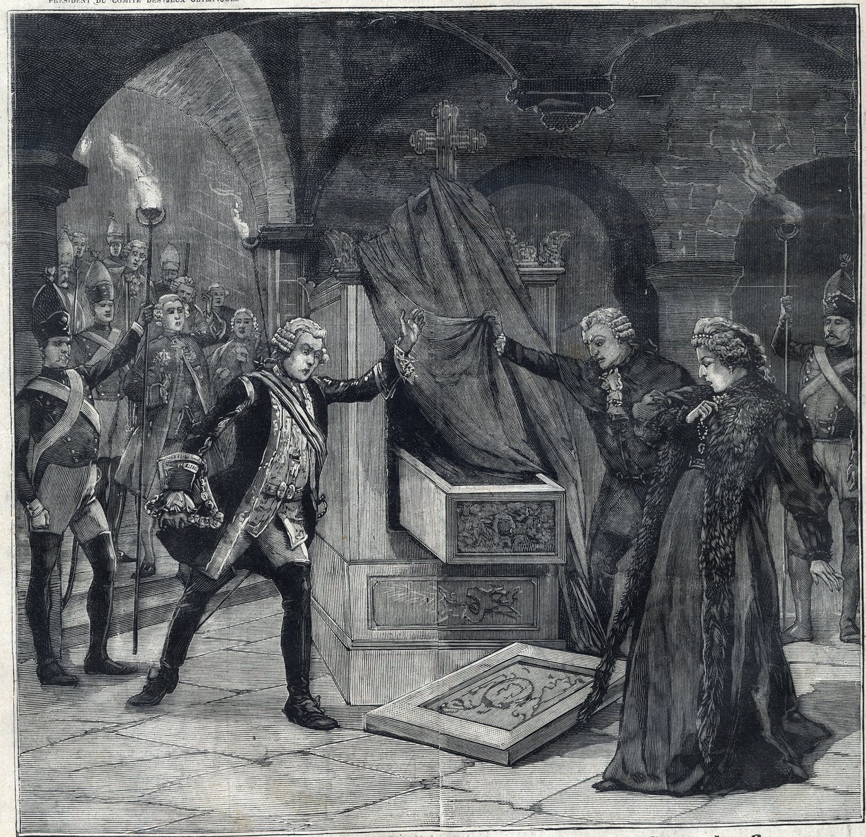 De kelderfase in het stuk "Catherine van Rusland" in het theater van Cathelet Paul Ginisty en Charles Samson. Gravure in "Le Petit Parisien" door Anonymous Anonymous