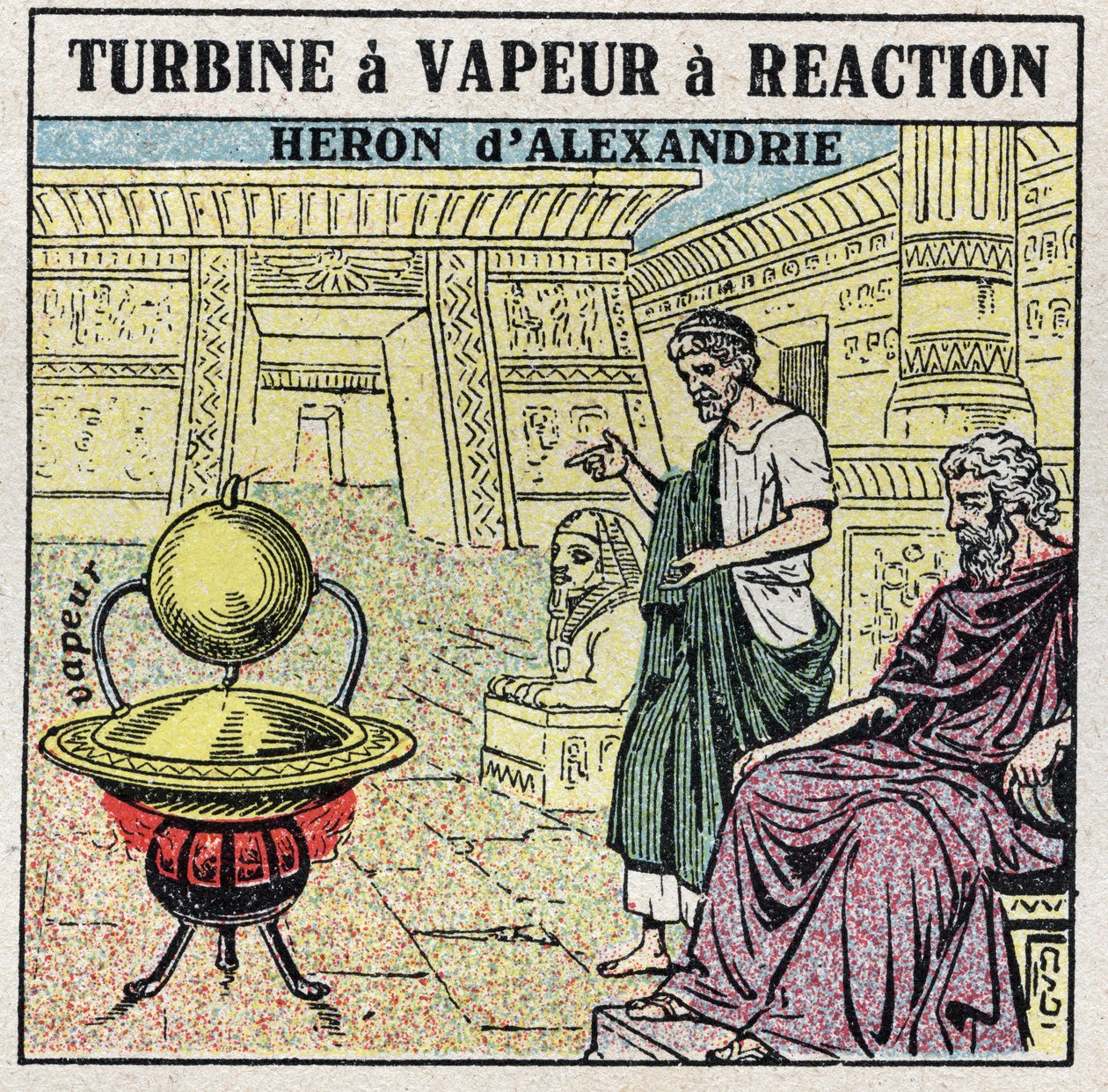 De stoommachine: een reactiestoomturbine. Eolipyle uitgevonden door de Griek Heron van Alexandrië (of Heron de Oudere) in de 1e eeuw na Christus. Anonieme illustratie uit 1925. Privécollectie. door Anonymous Anonymous