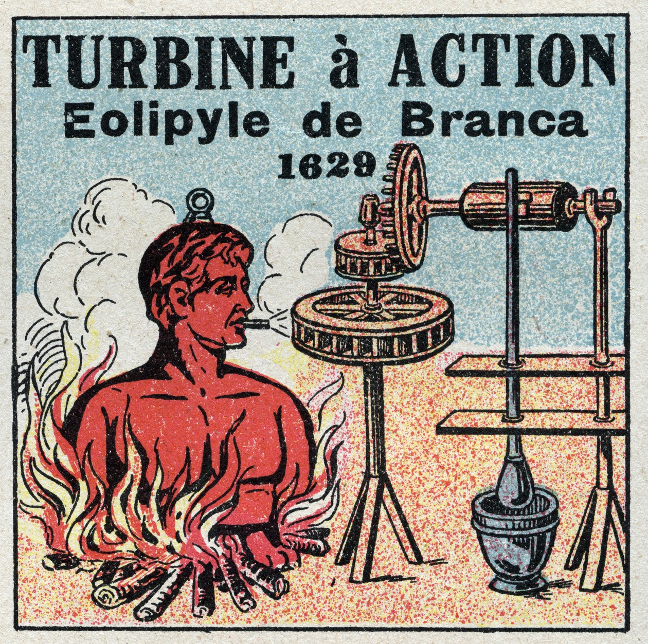 De stoommachine: turbine heeft actie. Eolipyle uitgevonden door Giovanni Branca (1571-1645) in 1629. Anonieme illustratie uit 1925. Privécollectie. door Anonymous Anonymous