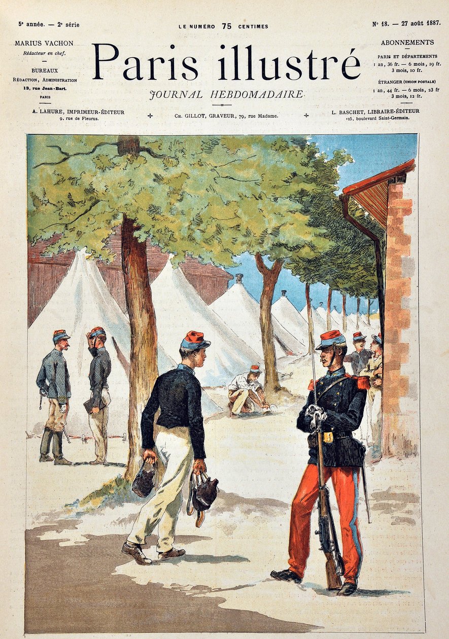 De studenten van de school van Saint-Cyr in het kamp van Chalons. Gravure uit 1887 in 