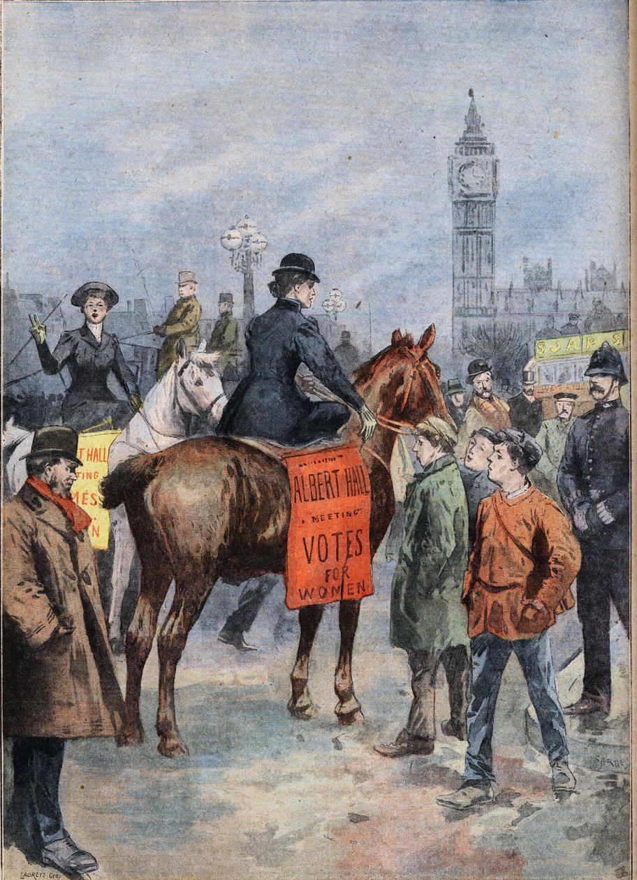 De suffragettes reizen te paard door de stad Londen. Gravure uit de krant "Le Petite Parisien" door Anonymous Anonymous