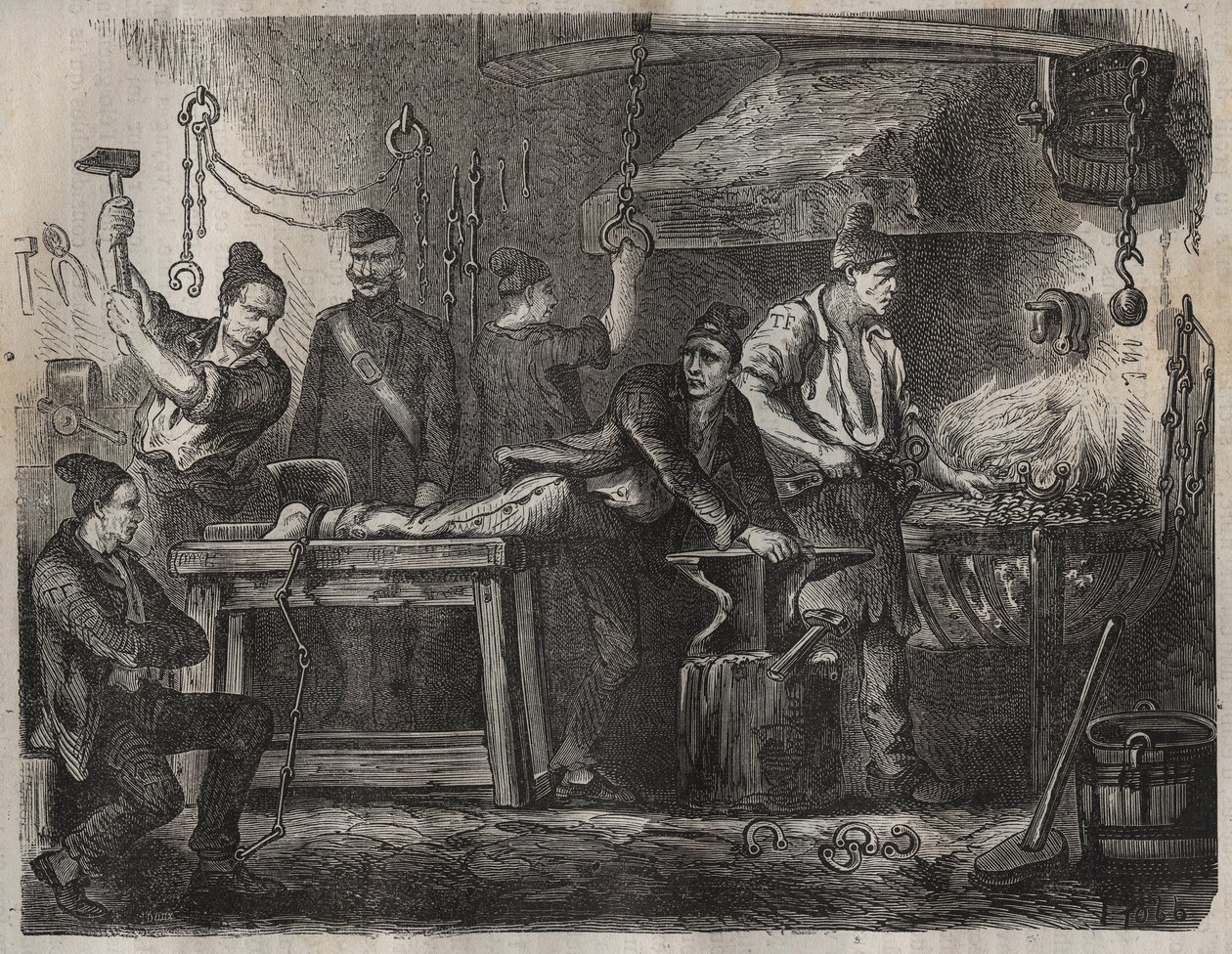 De overplaatsing naar de Toulon Bagne in de 19e eeuw. Gravure in 