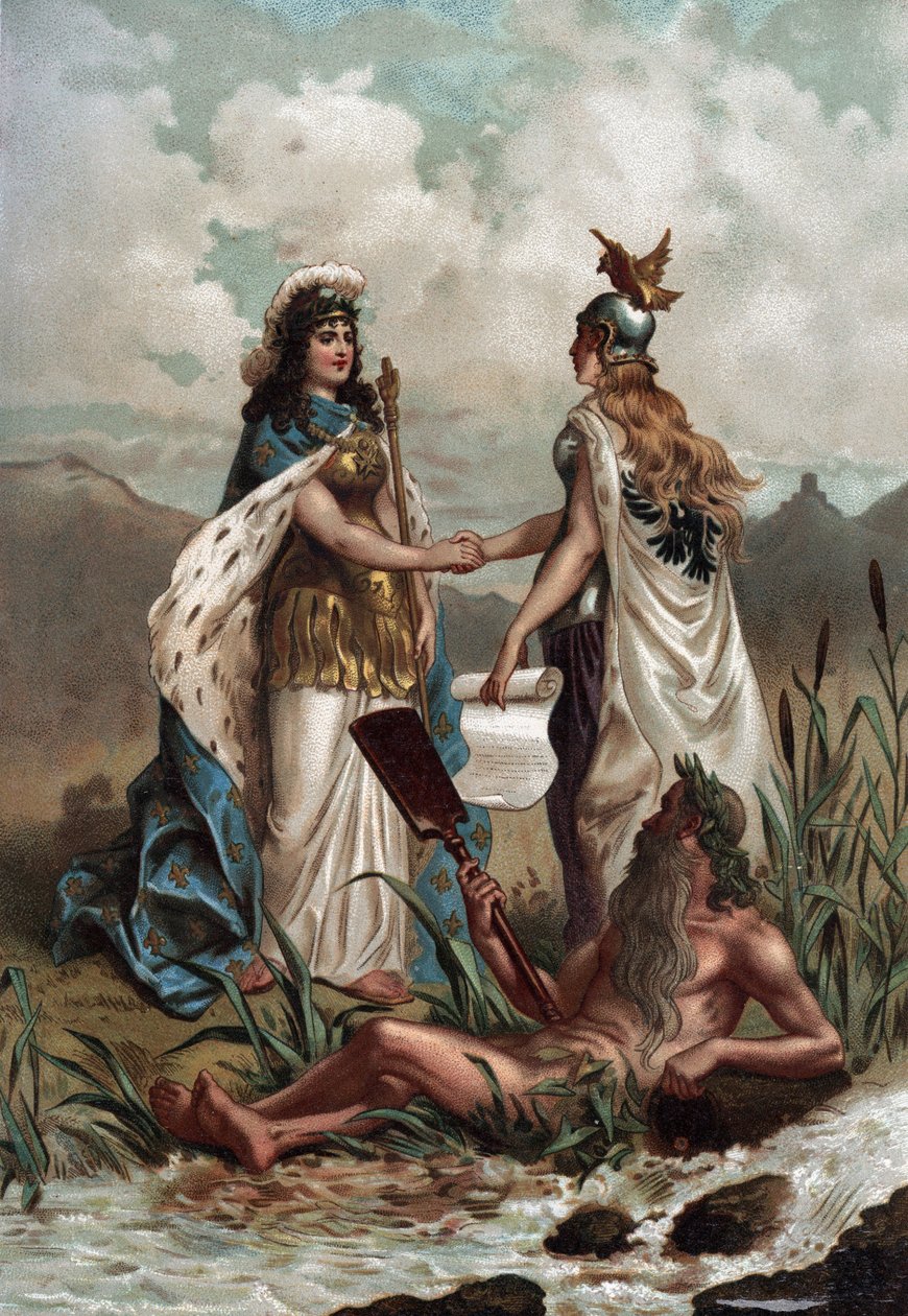 Dertigjarige Oorlog (1618-1648): allegorie van het Verdrag van Westfalen in 1648. Chromolithografie in 