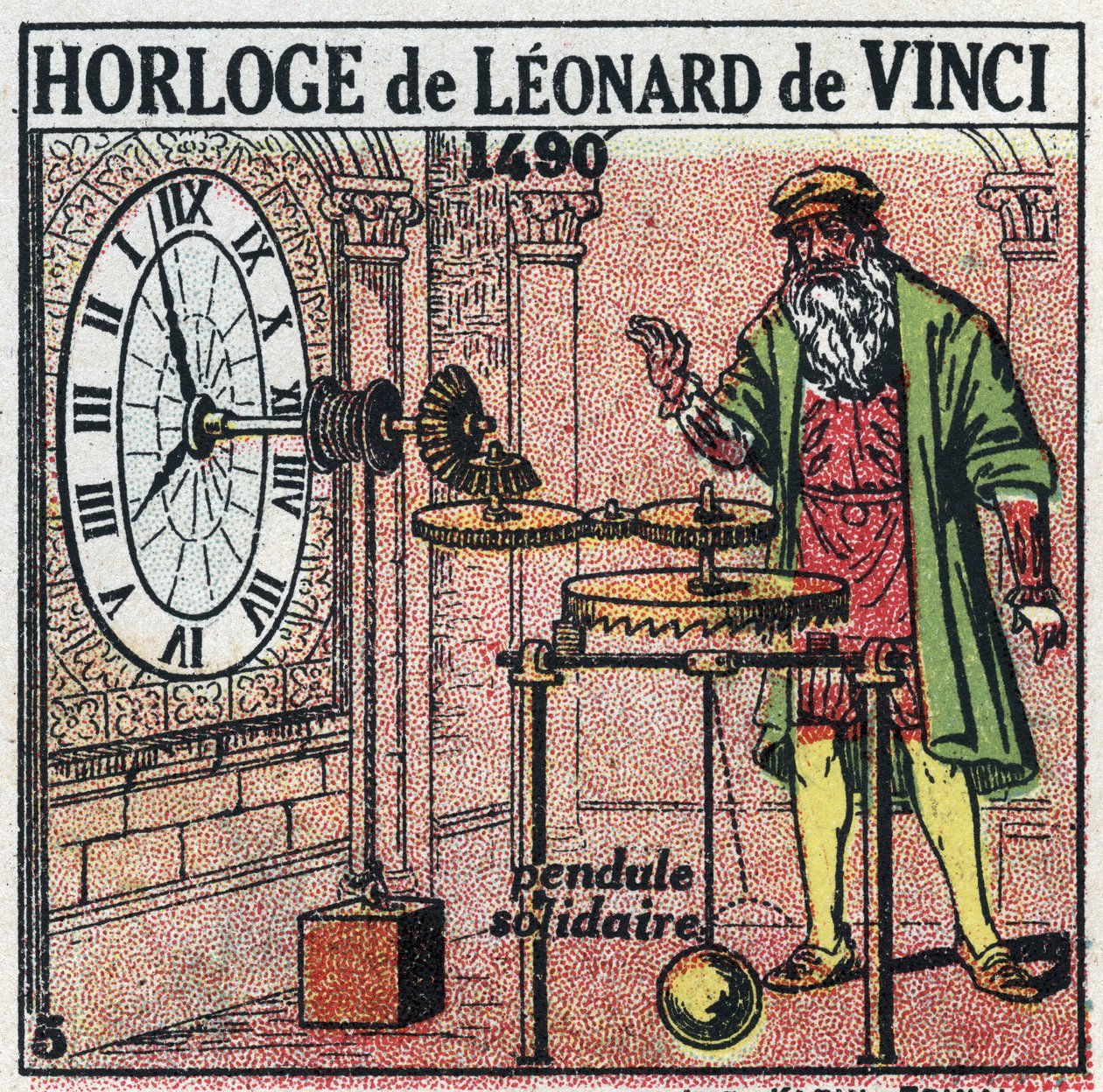 Tijd: gewichtsklok uitgevonden door Leonardo da Vinci (1452-1519) in 1490. Het vervangt de slinger door een verticale balans. Anonieme illustratie uit 1925. Privécollectie. door Anonymous Anonymous