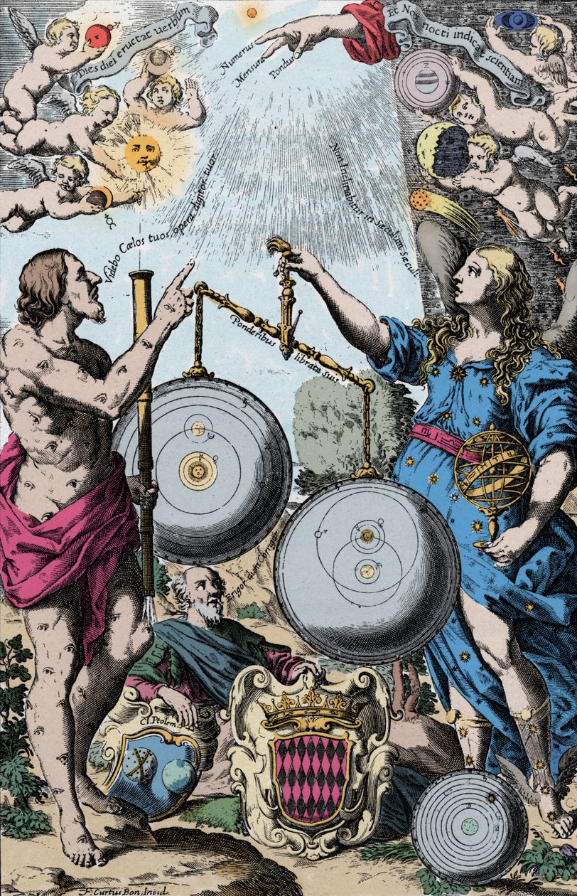 Urania, de muze van de astronomie, afgebeeld voor Argus, met een telescoop. Ze wegen en vergelijken het systeem van Copernicus (links) en dat van de jezuïet Giovanni Riccioli geïnspireerd door dat van Tycho Brahe (dat de geocentrische visies van Ptolemeus  door Anonymous Anonymous