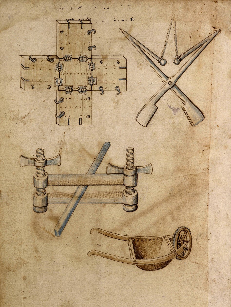 Verschillende technische objecten, waaronder een kruiwagen - Manuscript: perkamentblad van een ingenieurshandboek voor de bouw van civiele, religieuze en militaire gebouwen, anoniem, eind 15e eeuw (figuur in Chinese inkt) door Anonymous Anonymous