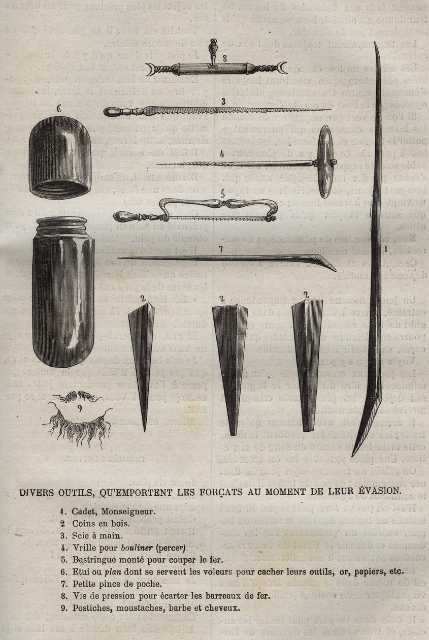 Verschillende gereedschappen die de veroordeelden meenemen wanneer ze ontsnappen. Gravure in 