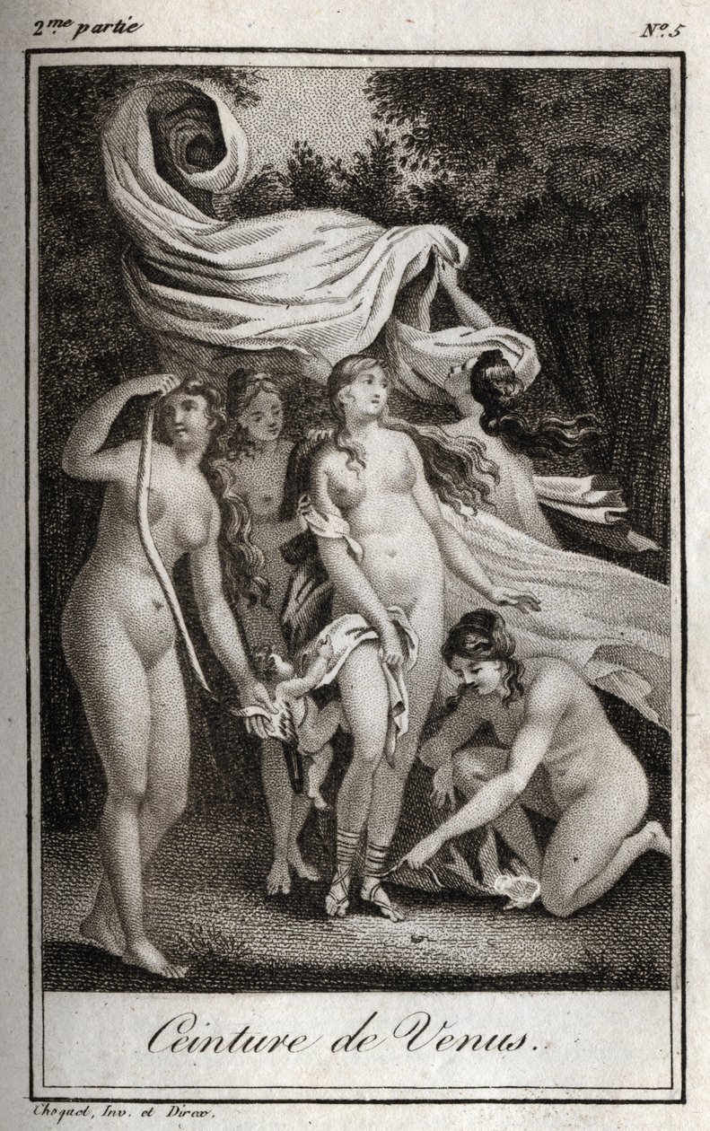 Venusgordel: Terwijl de strijd doorgaat in het voordeel van de Trojanen, gebruikt Juno de gordel van Venus om Jupiter te betoveren, en slaap om hem in slaap te brengen. Gravure uit 1819 in 