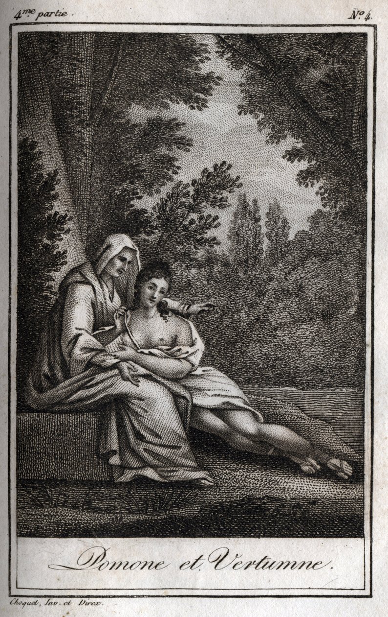 Vertumnus en Pomona (Jupiter en Ceres): Vertumnus, verliefd op de nimf Pomona, vermomt zich als een oude vrouw om haar te benaderen. Gravure uit 1819 in "Lettres à Emilie sur la mythologie" door Charles Albert Demoustier (1760-1801). Privécollectie. door Anonymous Anonymous