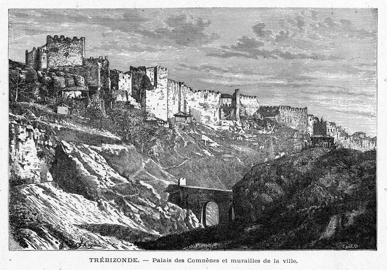 Uitzicht op het Palais des Comes en de muren van de stad Trebizonde (Turkije). Gravure in 