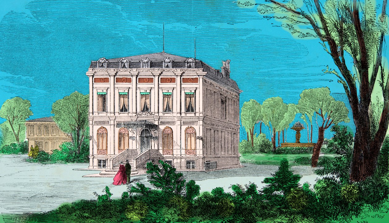 Zicht op het huis van Gioachino Rossini (1792-1868) in Passy au Bois de Boulogne, gravure, privécollectie door Anonymous Anonymous