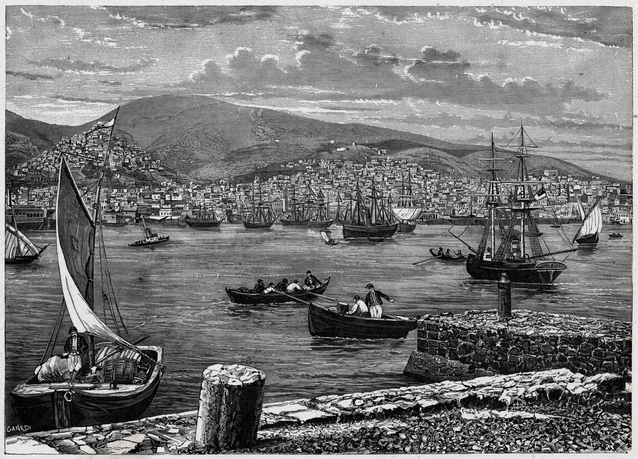 Uitzicht op het eiland Syra in Griekenland. Gravure in 