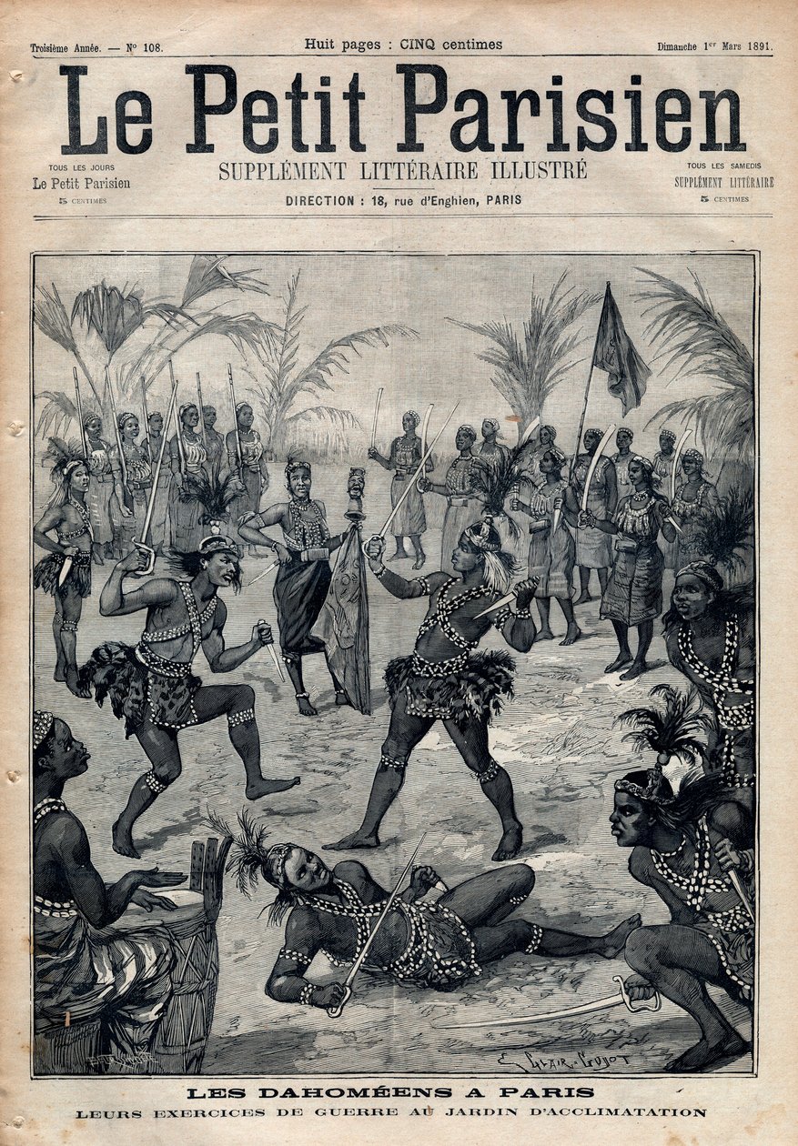 Oorlogsoefeningen: Amazones, krijgers en fetisjisten uit Dahomey (nu Benin) uit de tuin van acclimatisatie in Parijs (Menselijke Zoo). Gravure in 