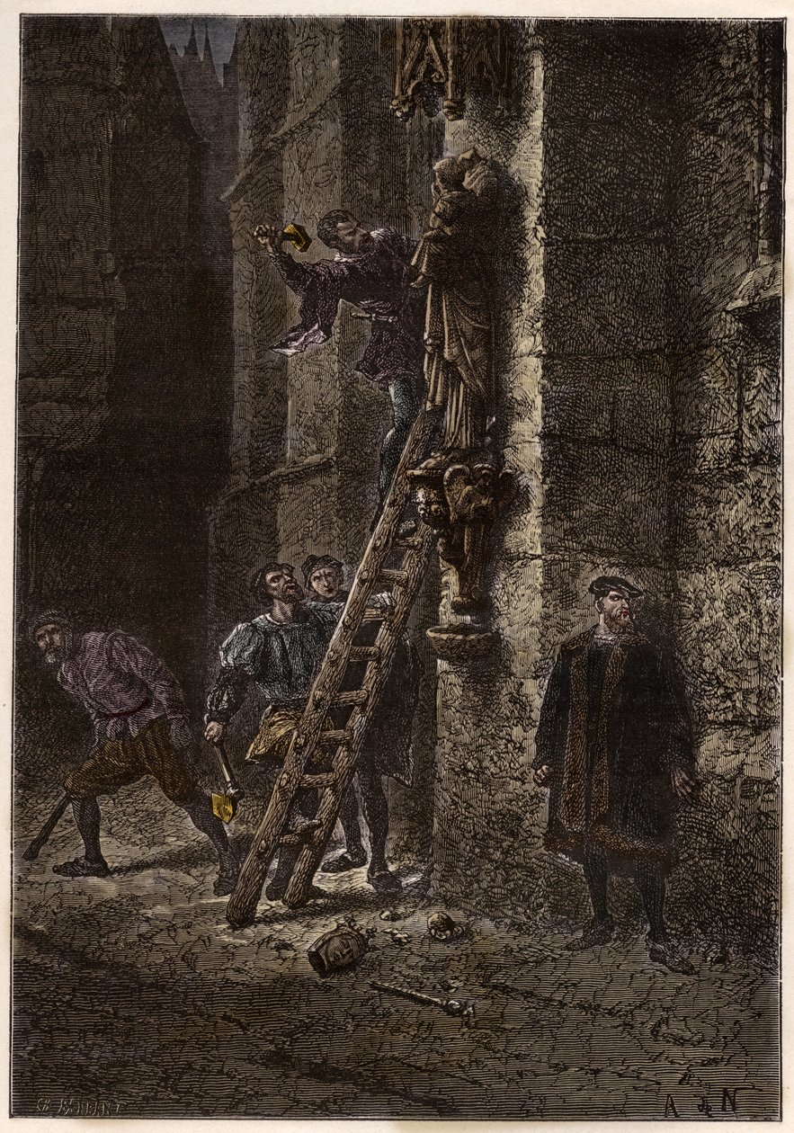 Godsdienstoorlogen - Beeldenstorm - Vernietiging van heilige voorwerpen door ketters (Protestanten) in de 16e eeuw in Frankrijk - Ketters Beeldenstormers in Frankrijk - Beeldenstorm - Protestanten Vernietigen Beelden van Maria en het Christuskind - gravure door Anonymous Anonymous