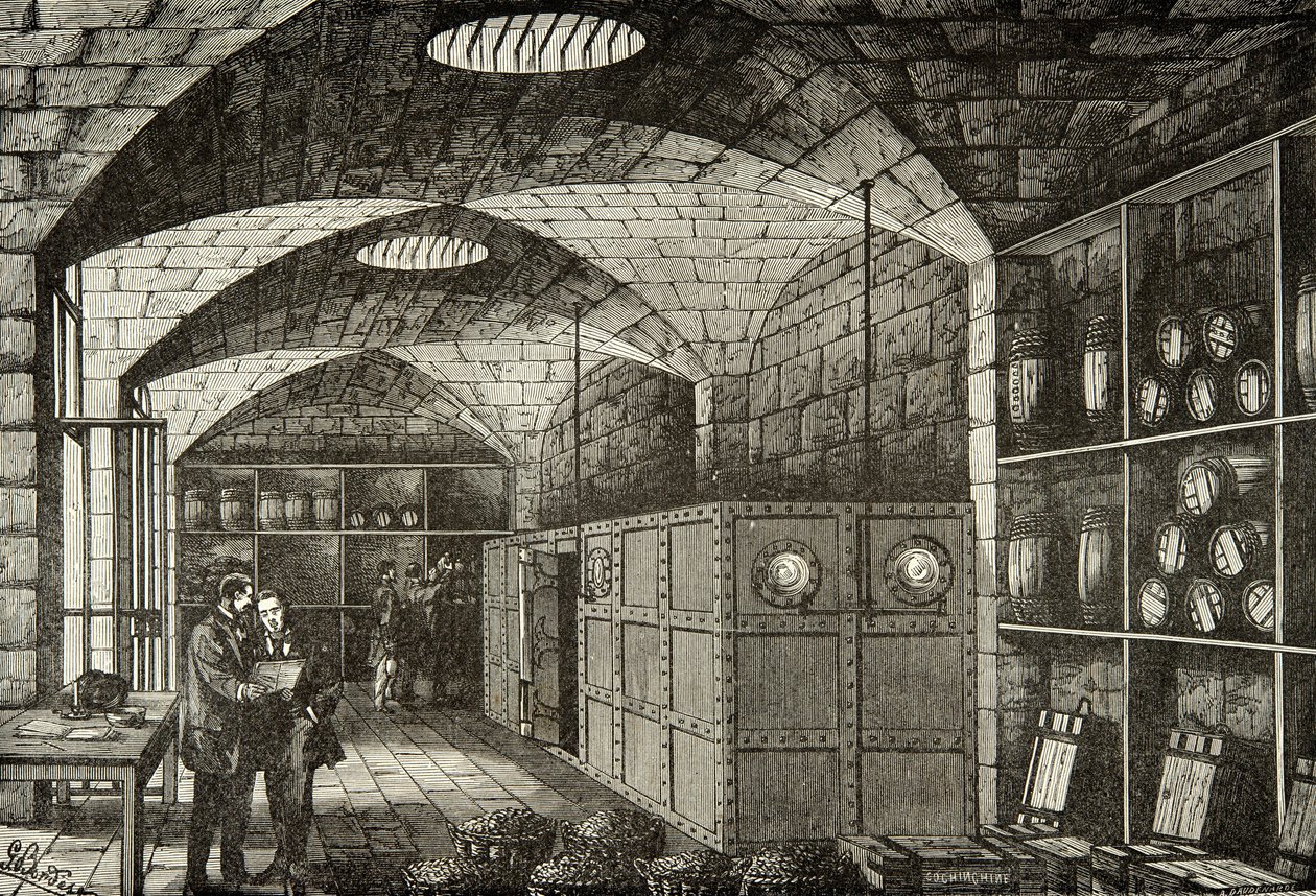 Wijnkelders van de schat van de Banque de France in de 19e eeuw, Gravure, Privécollectie door Anonymous Anonymous