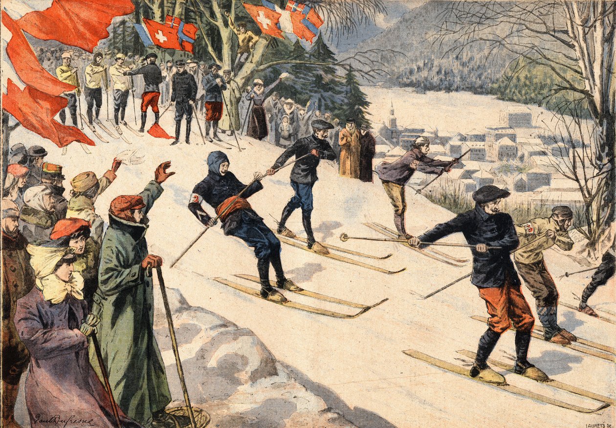 Wintersport: Skicompetitie in Chamonix in Haute Savoie in de Alpen, Frankrijk. Zwitserse en Franse vlaggen moedigen skiërs aan. Gravure uit de krant "Le Petite Parisien" door Anonymous Anonymous