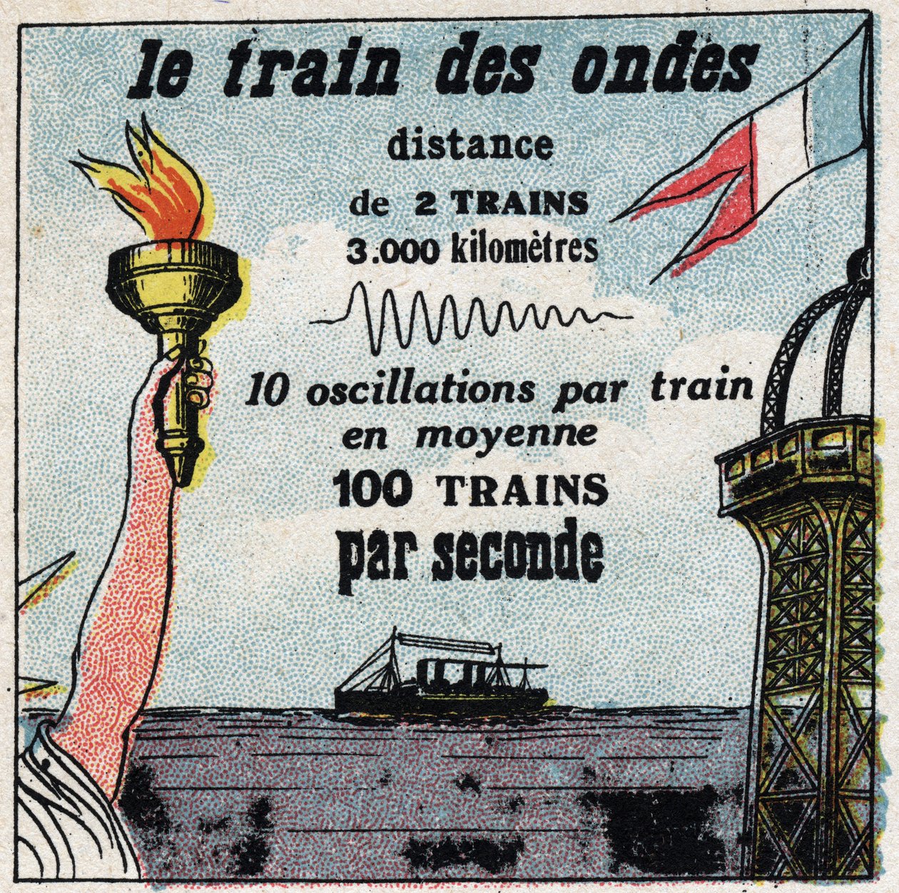 Draadloze telegrafie: de trein van de golven. Tussen Parijs en New York zijn er nooit meer dan twee golven. Anonieme illustratie uit 1925. Privécollectie. door Anonymous Anonymous