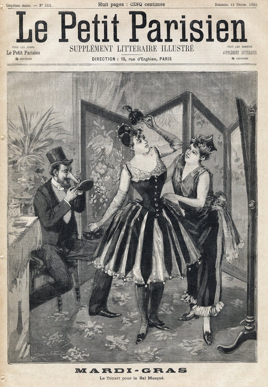 Vrouwen bereiden hun verkleedkleding voor achter een scherm en een man probeert zijn masker in de vorm van een olifantenslurf voor het Maskerbal van Mardi Gras. In 