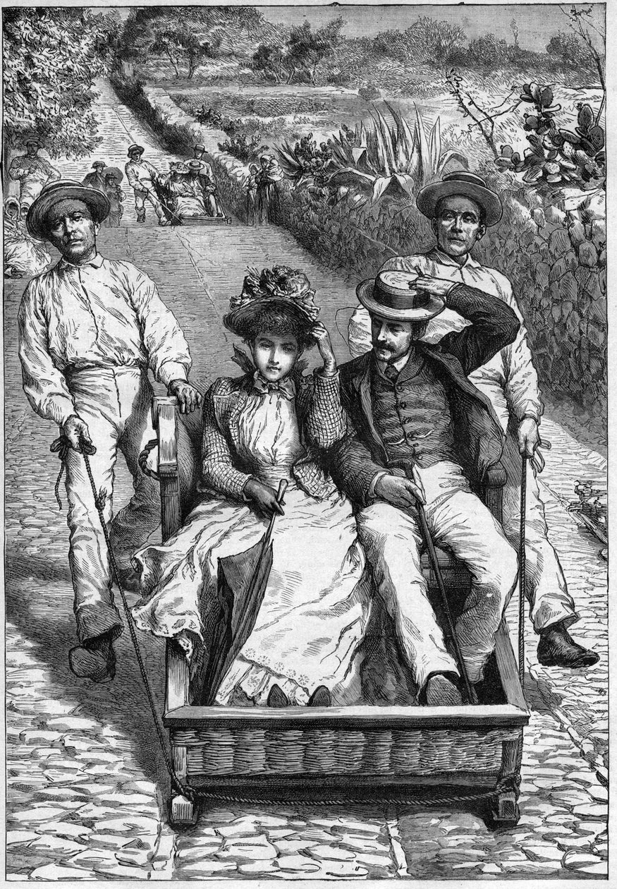 carros de cesto in Madeira 1893 - Les corinhos (carrieros) a Madere (Madeira) - mannen die een zitplaats op wieltjes (un corinho) begeleiden. gravure in 
