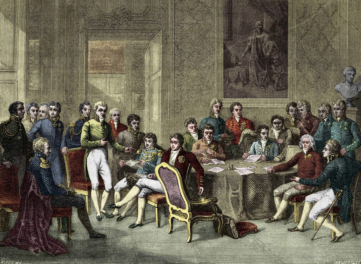 Het Congres van Wenen. Het Weense Congres in 1815. Alexander I, Tsaar; H.R. Stewart, Castlereagh; François I, Keizer van Oostenrijk; Frederik Willem III, Koning van Pruisen; Karl August, Prins van Hardenbergh; Wilhelm von Humboldt (William van Humboldt) door Anonymous Anonymous
